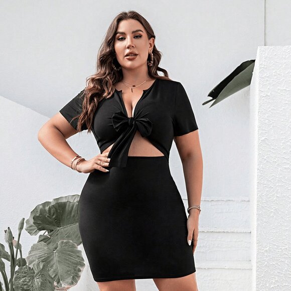 Plus Size Cutout Tie Front Short Sleeve Dress - Picture 1 of 8
